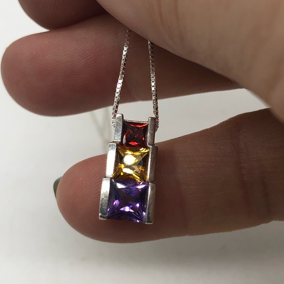 Vtg Gemstone Pendant Necklace 925 Sterling Silver Amethyst Citrine Garnet Box - Picture 4 of 8